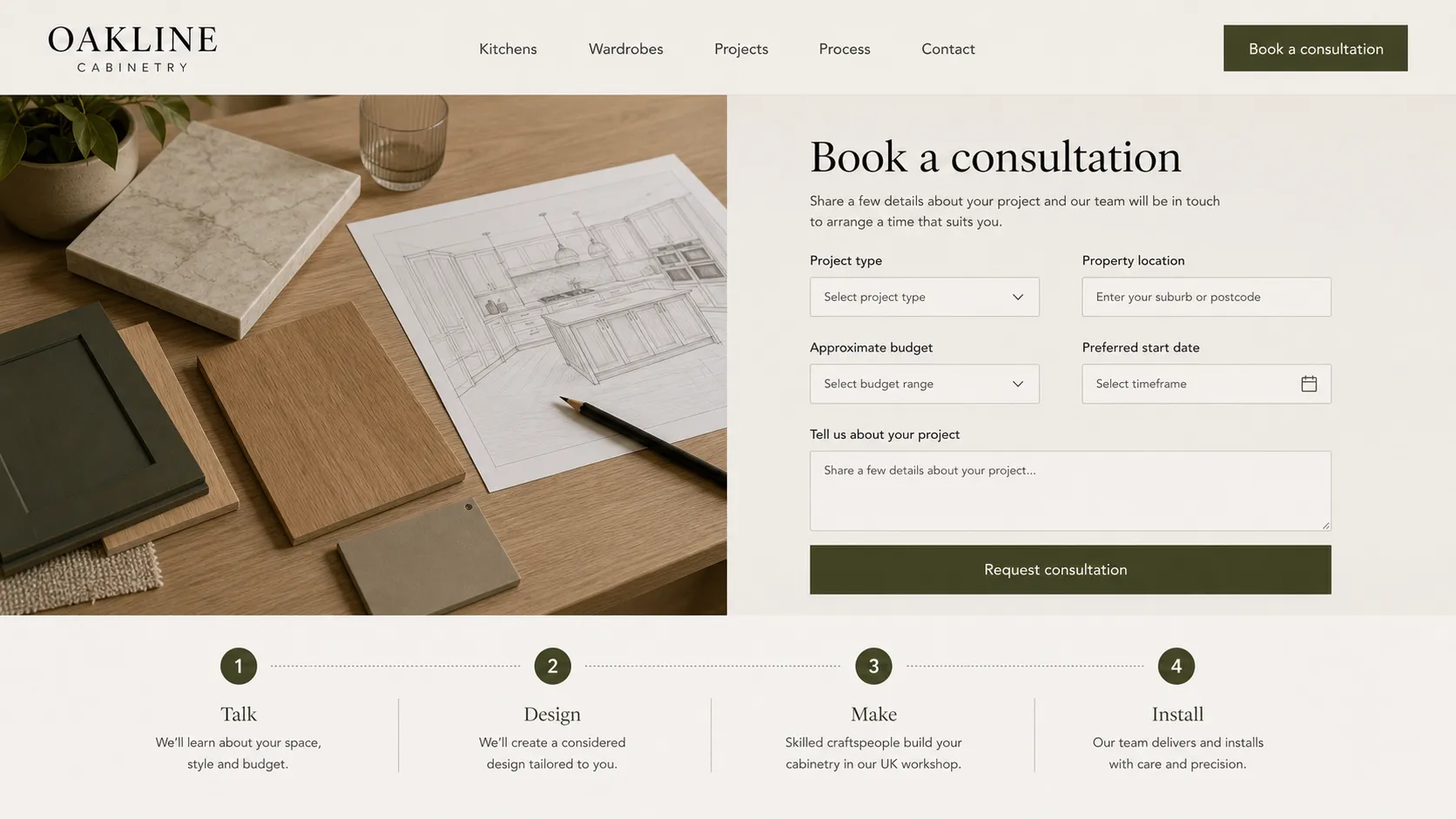 OAKLINE CABINETRY: Primary decision and conversion flow